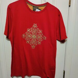 NWT Level Ten M Men’s Red T-Shirt Gold Baroque-Inspired Pattern Cotton Blend